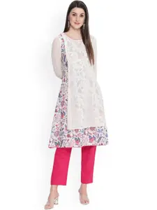 SAVI Floral Printed A-Line Layered Cotton Kurta
