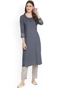 SAVI Floral Embroidered Straight Cotton Kurta