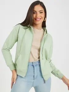 Styli Green Hooded Cotton Front-Open Sweatshirt
