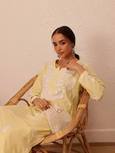ADA Ethnic Motifs Embroidered Chikankari Cotton Silk Kurta