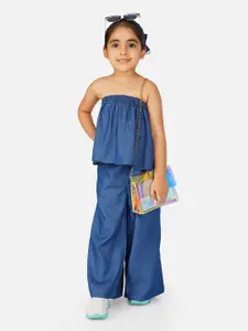 HERE&NOW Girls Off Shoulder Gathered Pure Cotton Denim Top With Palazzos