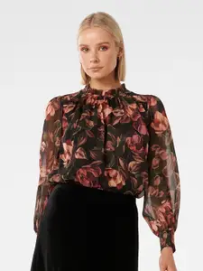 Forever New Floral Printed High Neck Cuffed Sleeves Blouson Top