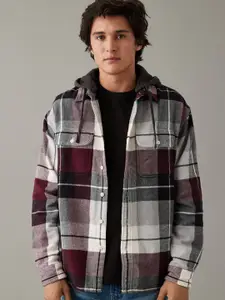 AMERICAN EAGLE OUTFITTERS Tartan Checked Hooded Flannel Pure Cotton Casual Shirt