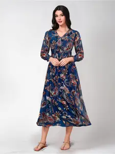 BAESD Paisley Printed V-Neck Puff Sleeves Gathered Detailed Fit & Flare Midi Dress