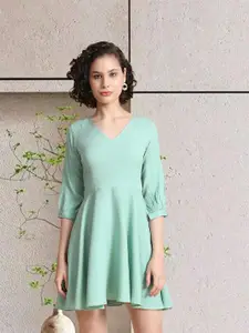 BAESD V-Neck Puffed Sleeves Fit and Flare Dress