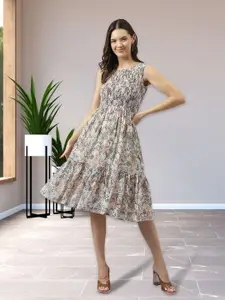 BAESD Floral Printed Georgette With Smocked Details Fit & Flare Midi Dress