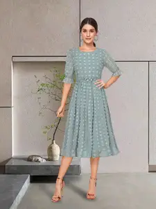 BAESD Self Design Puff Sleeves Georgette Fit & Flare Midi Dress