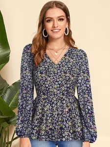 BAESD Navy Blue Floral Print Puff Sleeve Wrap Top