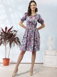 BAESD Floral Printed Puff Sleeves Fit & Flare Dress