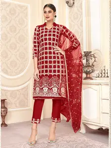 Panzora Red Embroidered Unstitched Dress Material