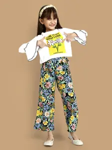 YK Girls White Printed Top with Palazzos
