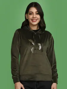 V-Mart Typography Embroidered Hooded Embellished Sweatshirt