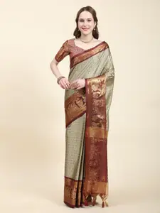 ZIBLON Cream-Coloured Woven Design Art Silk Kanjeevaram Saree
