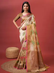 ZIBLON Cream-Coloured Woven Design Art Silk Kanjeevaram Saree