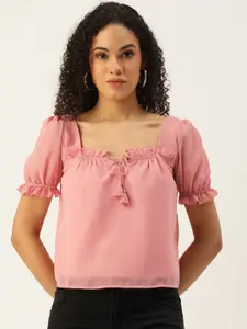 FOREVER 21 Tie-Up Neck Puff Sleeve Ruffles Top