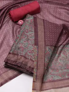 Meena Bazaar Burgundy Printed Art Silk Unstitched Dress Material