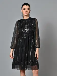 Justin Whyte Embellished Puff Sleeve Dobby Bling & Sparkly Fit & Flare Dress