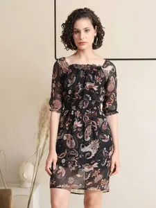 BAESD Paisley Printed Square Neck Puff Sleeves Smocked Detail Georgette A-Line Mini Dress