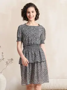 BAESD Abstract Printed Puff Sleeve Georgette Fit & Flare Dress