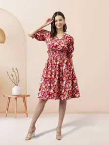 BAESD Red Floral Printed V-Neck Puff Sleeves Fit & Flare Dress