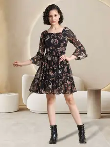 BAESD Paisley Printed Square Neck Bell Sleeves Tiered Detail Georgette Fit & Flare Dress