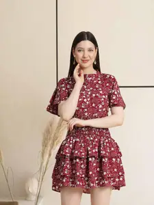 BAESD Floral Printed Flared Sleeves High Neck Fit & Flare Mini Dress