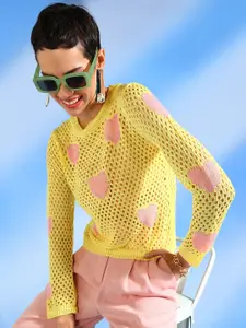 SHECZZAR Yellow Cotton Crochet Top