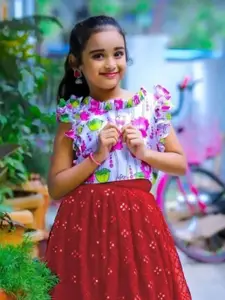 BAESD Girls Floral Printed Flutter Sleeves Ready to Wear Lehenga & Choli