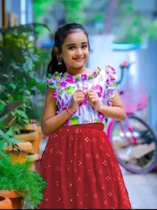 BAESD Girls Floral Printed Flutter Sleeves Semi-Stitched Lehenga & Choli