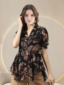 BAESD Paisley Printed Ruffles Puff Sleeve Fit & Flare Midi Dress