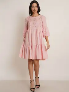 IX IMPRESSION Floral Embroidered Schiffli Bell Sleeve Fit & Flare Dress