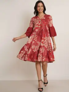 IX IMPRESSION Floral Printed Bell Sleeve Schiffli Fit & Flare Cotton Dress