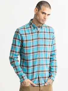 Snitch Blue Classic Slim Fit Tartan Checked Button Down Collar Cotton Casual Shirt