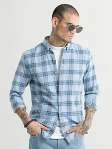 Snitch Blue Classic Slim Fit Tartan Checked Cotton Casual Shirt