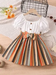 BAESD Girls Striped Puff Sleeves Fit And Flare Dress