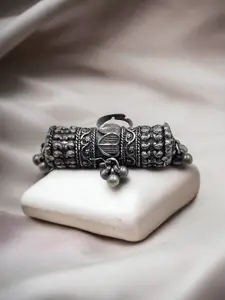 Sangria Silver-Plated & Textured Oxidized Adjustable Finger Ring