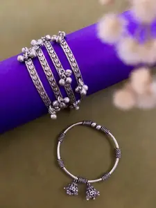 ATIBELLE Set of 5 German Silver Plated & Ghunghroo Stone Studded Bangles