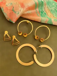 ATIBELLE Set Of 3 Gold-Plated Stone-Studded Brass Half Hoop & Drop Earrings