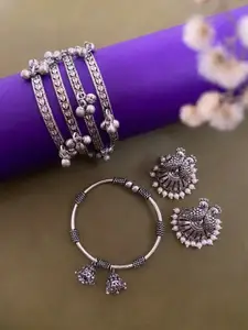 ATIBELLE Set Of 5 Silver-Plated Oxidised Beads Beaded Bangles With Jhumkas