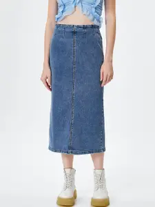 Koton Washed Straight Midi Denim Skirt