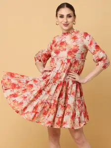 KALINI Floral Print Ruffled Fit & Flare Three-Quarter Dress
