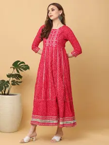 KALINI Ethnic Motifs Printed Embroidered Detail A-Line Ethnic Dress