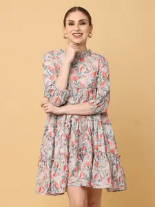 KALINI Floral Printed Gathered Detail Fit & Flare Dress