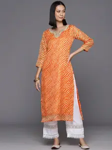 KALINI Women Orange & Cream-Coloured Leheriya Printed Gotta Patti Kurta