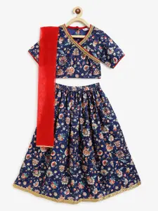 Campana Girls Navy Blue & Red Printed Sequinned Ready to Wear Lehenga & Blouse With Dupatta