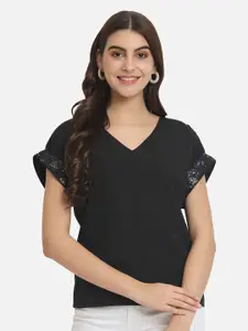 ALL WAYS YOU Black Embellished Roll-Up Sleeves Crepe Top