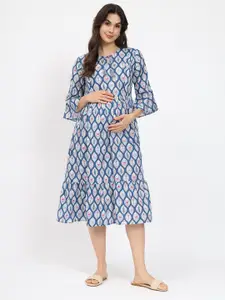 Aujjessa Ethnic Motifs Print Keyhole Neck Bell Sleeve Maternity Fit & Flare Midi Dress