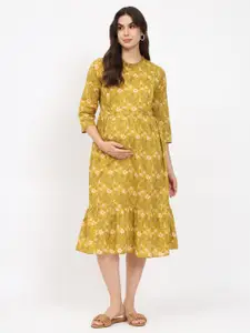 Aujjessa Mustard Yellow Floral Print Maternity Fit & Flare Midi Dress