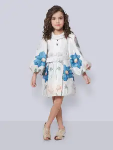Peppermint Girls Floral Printed Puff Sleeves Pleated Detailed Fit & Flare Dress