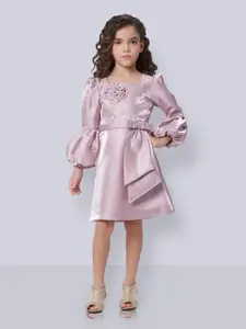 Peppermint Girls Square Neck Puff Sleeves Tie Up Floral Applique A-Line Dress